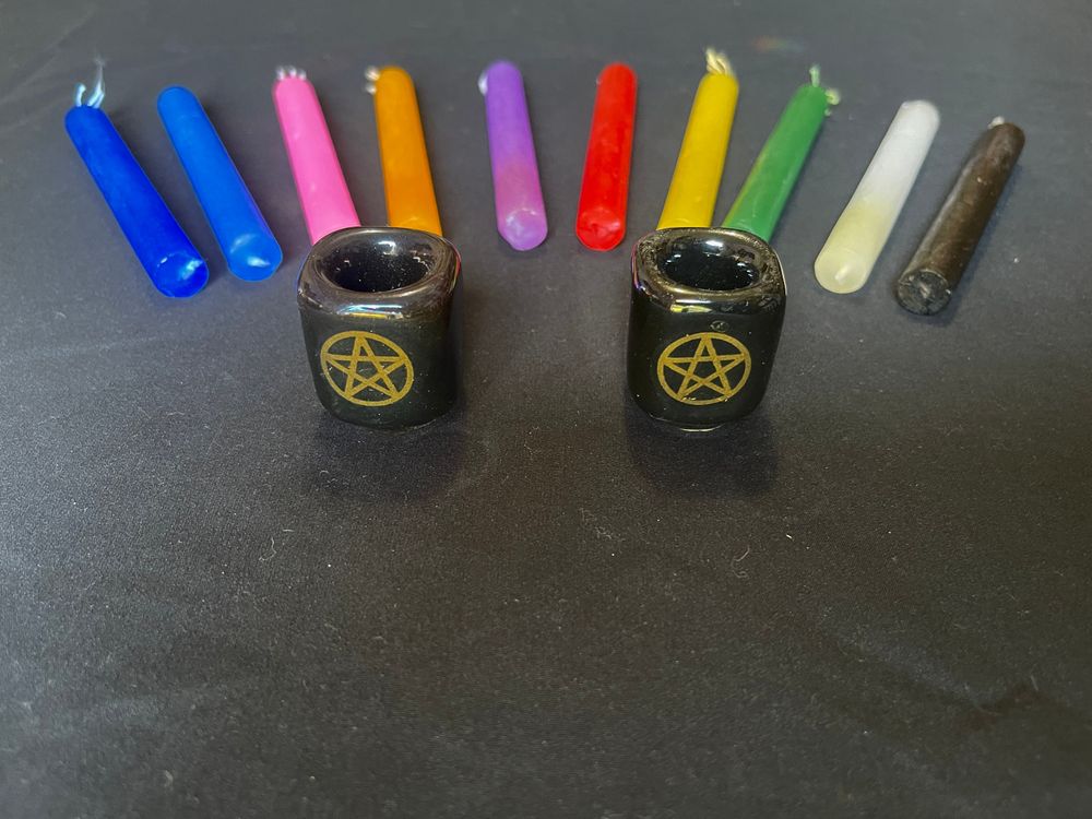 Chime Candle Set – 10 Colored Spell Candles + Pentacle Holders 