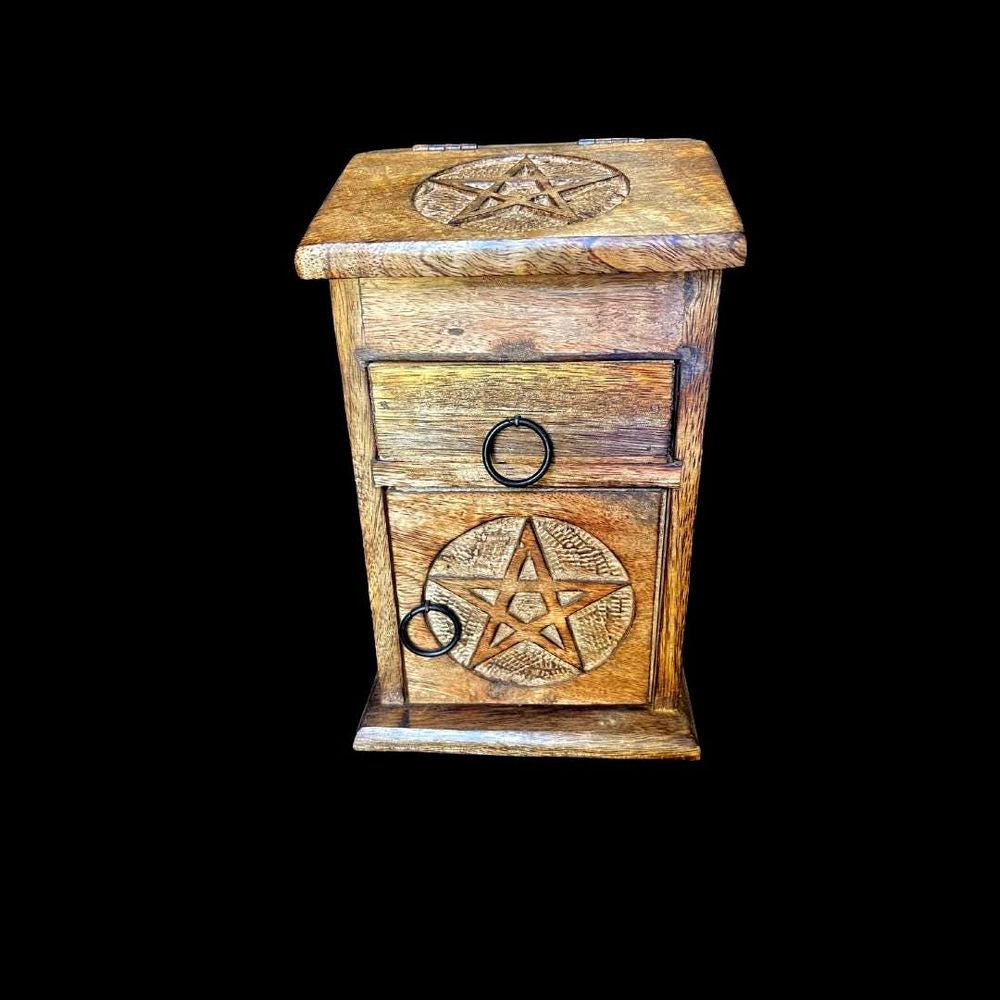 Pentacle Wooden Chest – 3-Tier Storage Box for Crystals, Tarot, Herbs