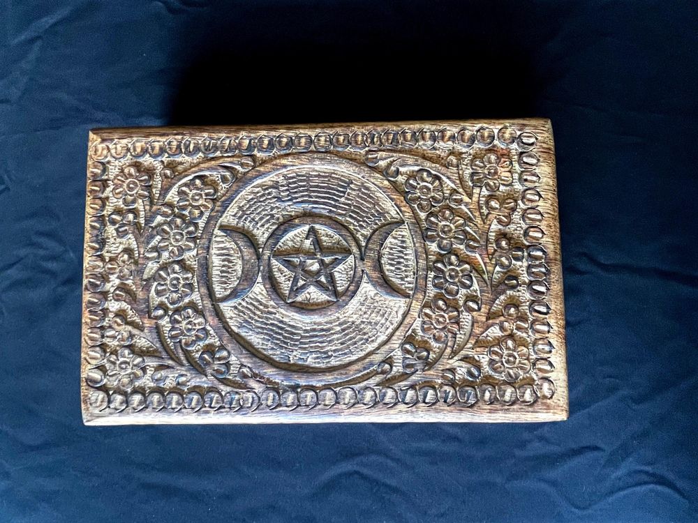 Triple Moon Wooden Altar Box – Hand-Carved 5x8 Chest 