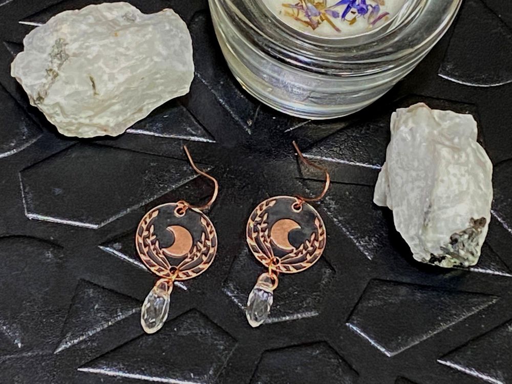 Copper Moon & Quartz Earrings – Celestial Dangle